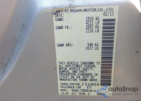 2013 Nissan Altima 2.5 Sv z USA, uszkodzony, nr VIN 1N4AL3AP5DC231804